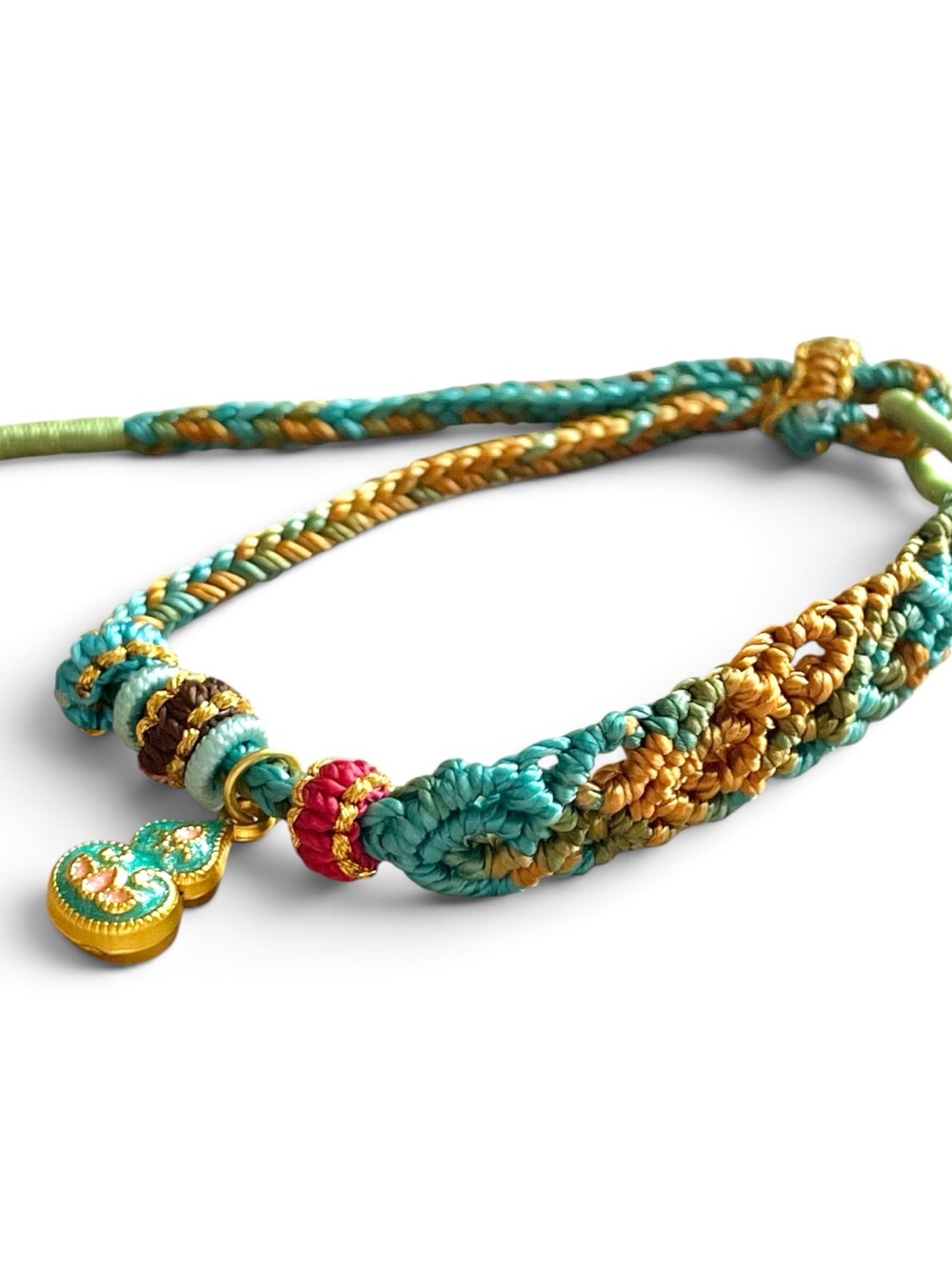 Handcrafted Turquoise & Gold Macrame Bracelet with Enamel Charm